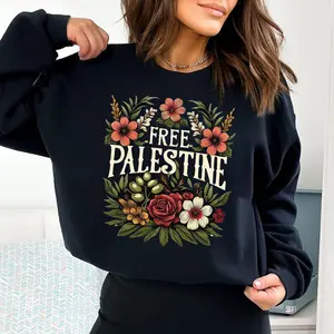 Free Palestine Sweatshirt, Floral Botanical Tee, Gaza Support Gifts, Keffiyeh Print Shirt, Casual Palestine Hoodie Cotton Womenswear Check Collar