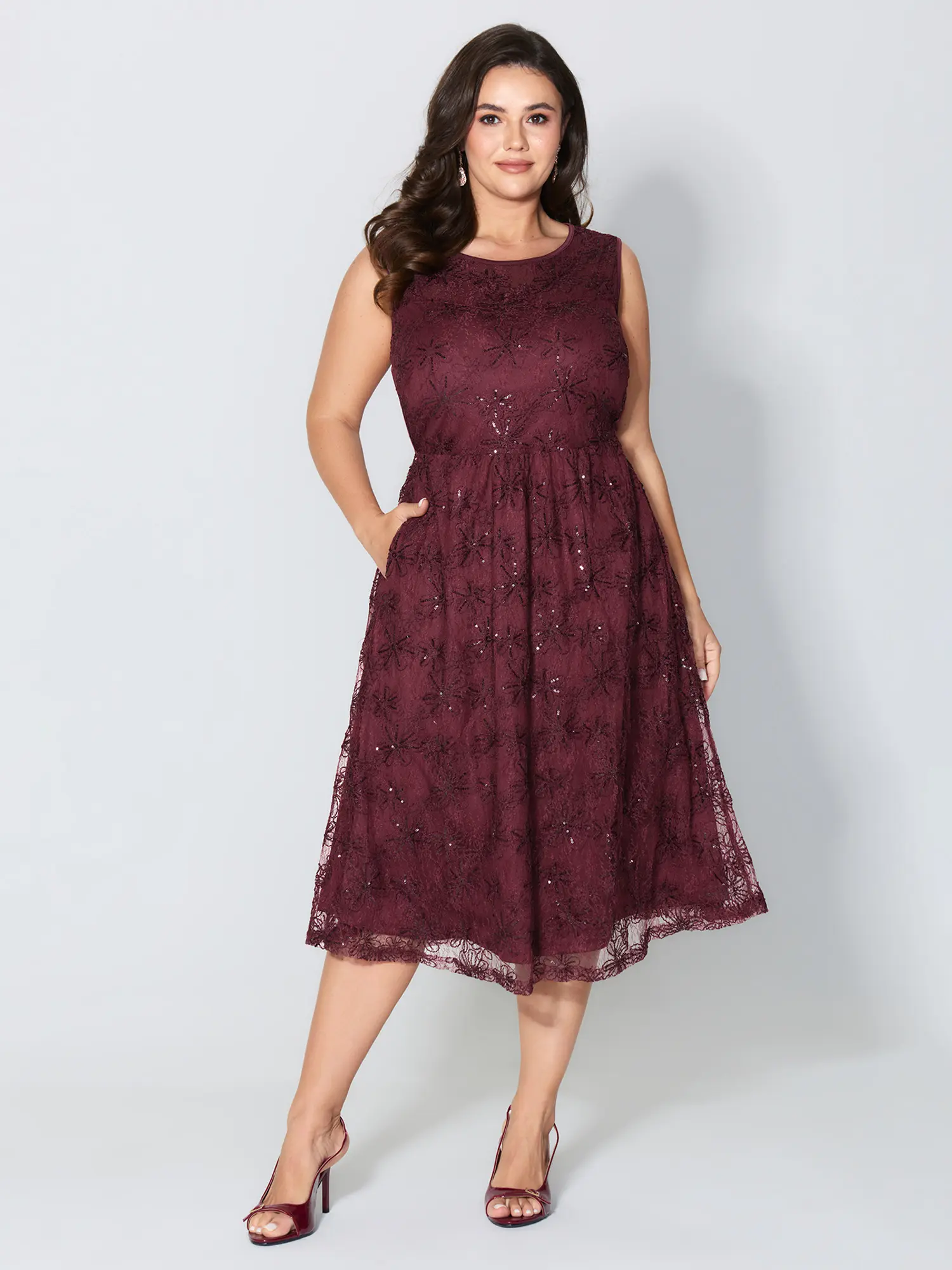 BLOOMCHIC Women's Fitted Sequin Mesh Midi Garment - Spandex Fabric, Sleeveless, Pocket Detail, Comfy, Breathable, Elegant Casual Party Dress for Festival, Everyday, Summer Events, Simple, Fitted Cut, Midi Length, Round Neck, Basic, Lady, Going Out, Cold W
