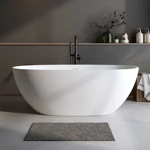 59" Freestanding Solid Surface Soaking Tub – Matte White Oval Bathtub with Thick Edge, Overflow & Pop-up Drain