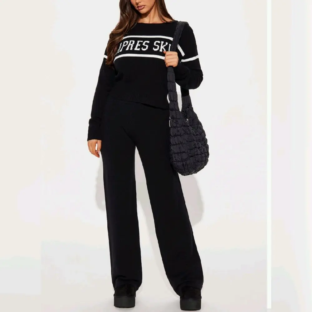 Black Lounge Set With White Apres Ski Print Winter Loungewear For Women Comfortable 2-piece Loungewear Set