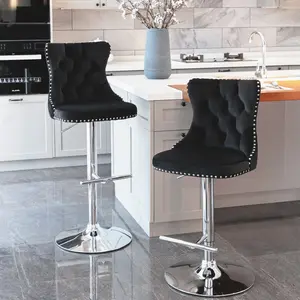 Swivel Bar Stools Set of 2, Adjustable Counter Height Velvet Upholstered Barstools with Nailheads Trim, Button Tufted Back and Silver Footrest, Bar Chairs for Dining Room Home Bar Kitchen