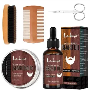 5pcs/Set Beard Growth Kit Sandalwood Scent Beard Balm Oil Moisturizing Styling Trim Care Conditioner