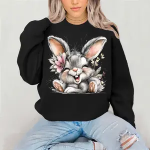 Grey Bunny With Flower in her hair Crewneck Sweatshirt Gildan Everyday Style Super Soft Unisex Fit Streetwear Graphic Top warm Womenswear Casual Printed Long Sleeved Easter bunny spring