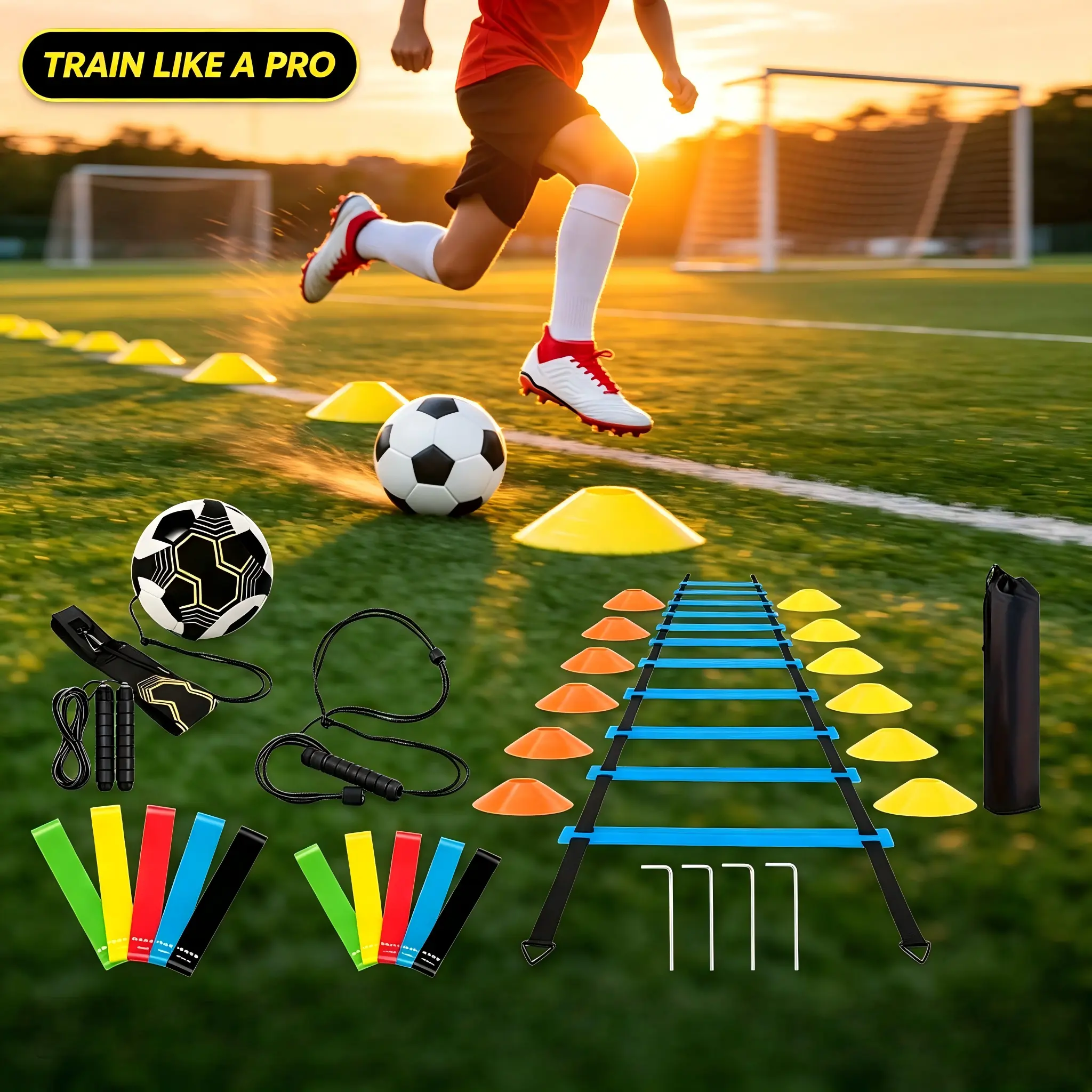 1-Piece Soccer Speed Agility Training Kit - Agility Ladder, Disc Cones, Jump Rope, Resistance Bands, Soccer Ball - Complete Gear for Youth Players' Home Backyard Team Practice