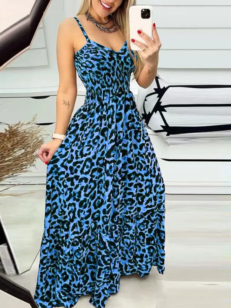 blue leopard print maxi dress Blue Leopard Print Chiffon Maxi Dress
