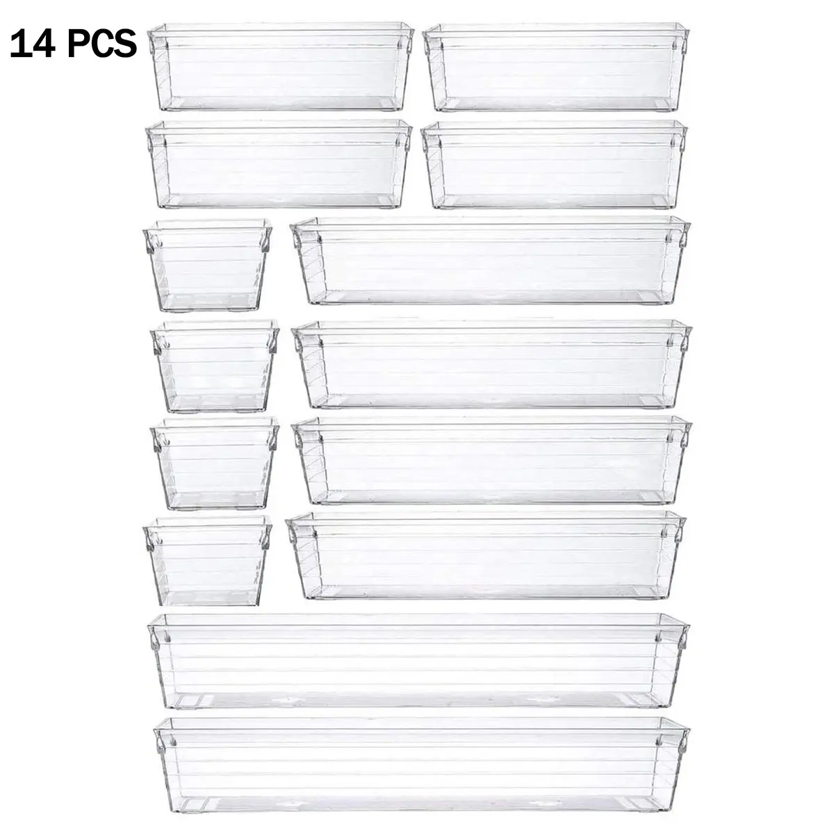 14 PCS Clear Divided Compartments Storage Box, Drawer Organizer, Plastic Organizer, Plastic Storage Bins, Durable Organizer for Kitchen, Living Room, Bedroom, Bathroom, Office, Home Organizer