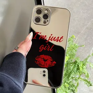 Luxurious and sexy red lip slogan high-quality mirror phone case, suitable for iPhone 16/15/14/13/12/11 Pro Max and other series. This phone case with a mirror is a high-quality, luxurious cosmetic mirror phone cover that can be used as a mirror,