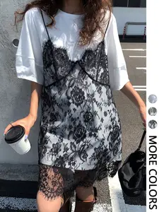 1 Piece Women's Lace Patchwork Slip Dress, Crew Neck Short Sleeve, Loose Fit for Casual Daily Wear