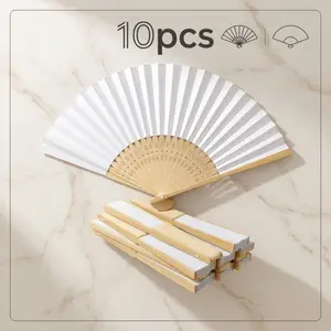 10-pack blank bamboo paper folding fans, DIY-friendly white hand fans, suitable for weddings, parties, and home decoration.