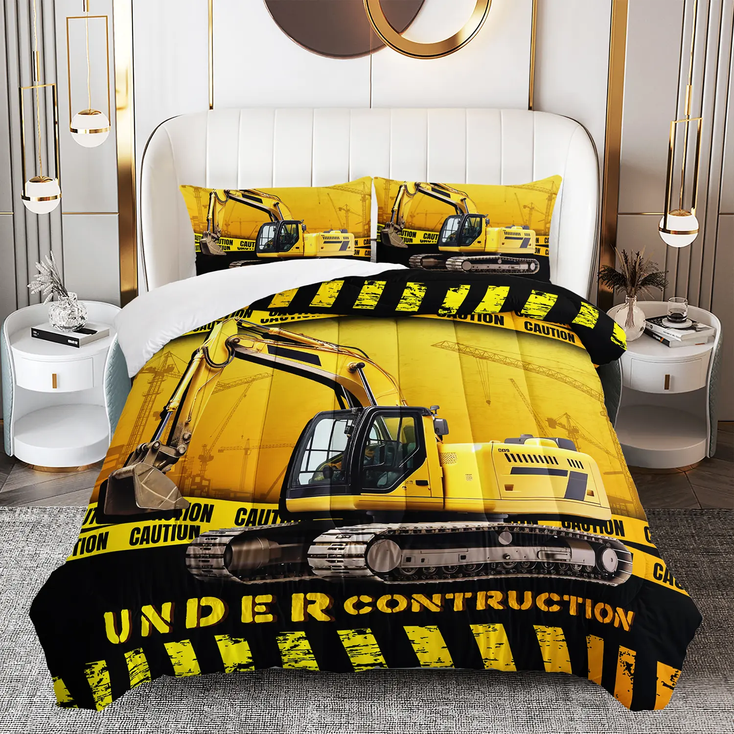 3pcs Queen Excavator Motif Microfiber Quilt Bedding Set - Breathable All-Season Soft Machine-Washable Comforter, 2 Pillowcases, for Girls and Adults, Family Gift Decor