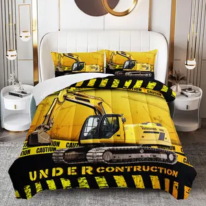 3pcs Construction Comforter Set, Excavator Duvet Set for Girls and Adults Bedroom or Guest Room Decor, Modern Soft All Seasons Comforter Machine Washable Microfiber Quilt with 2 Pillowcases , Gifts for the Family