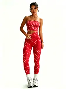 Women's Y2K Fashion Sport Set, Sporty Style, Polka Dot Design, Sexy Crop Top + Yoga Bike Shorts, Ideal for Home, Outdoor, Fitness, Running, Sporty Style Clothes