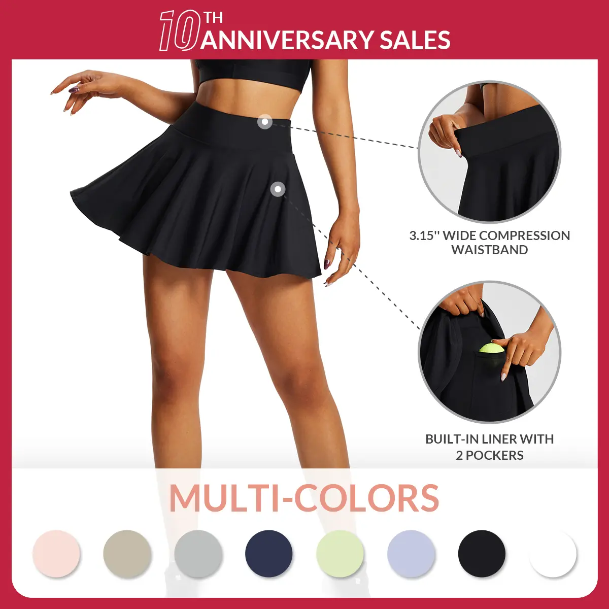 Baleaf Women's High-Waisted Tummy Control Athletic Sport Skirt - Flowy, Cheeky Foldover with Built-In Shorts, Pleated, Double Pockets for Tennis, Golf, Gym - Sporty Chic Active Skirt Style