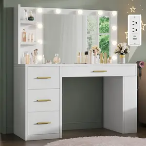 DWVO Vanity Desk with Mirror and Lights, Makeup Table with Charging Station, Large Vanity Set with 4 Drawers, Cute Makeup Desk with 6 Storage Shelves, White/Black/Pink