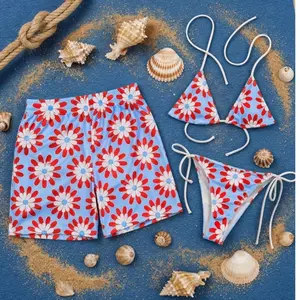 Floral Bikini and Swim Trunks, Matching Daisy Swimwear Set, Couples Swimsuit Set, Y2K Flower Beach Outfit, Summer Vacation Look