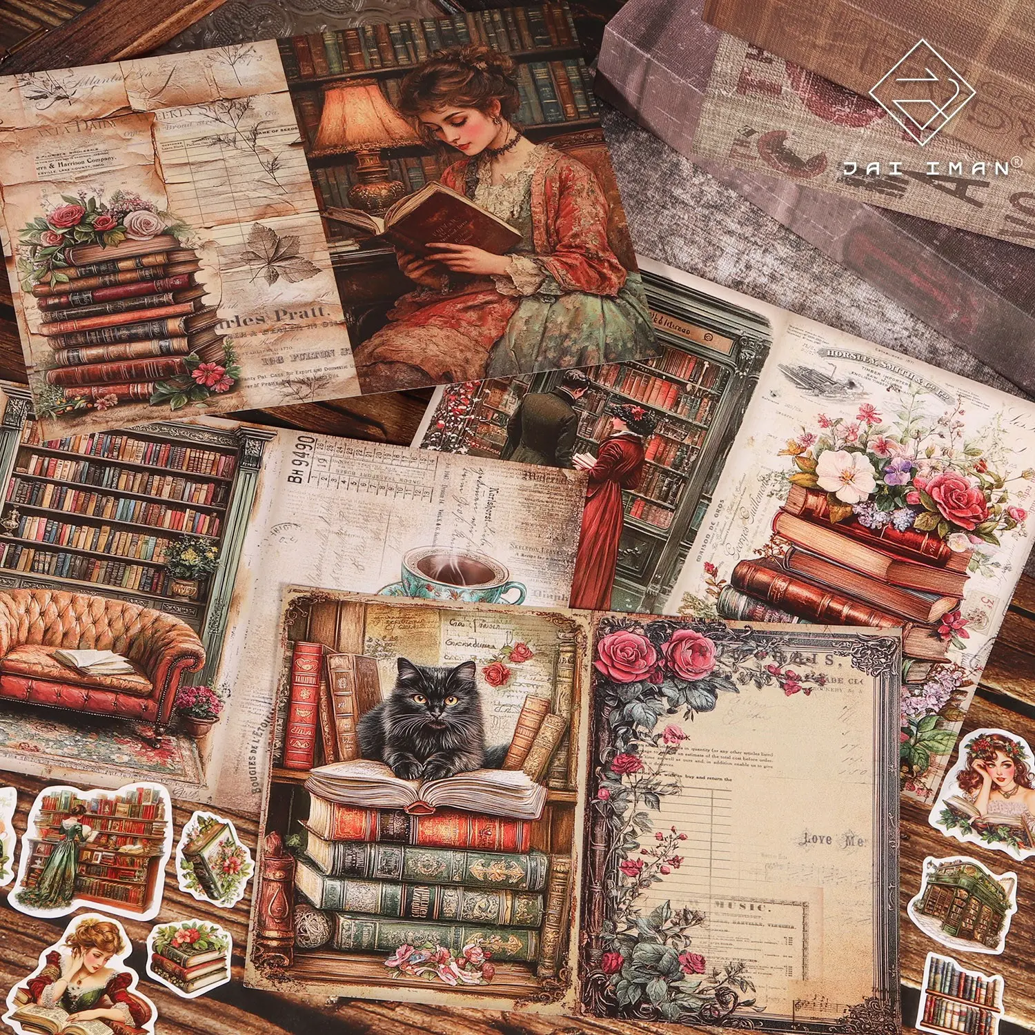 JAIIMAN 62pieces (12 A5 papers and 50stickers) Vintage Library Junk Journal Pages with Cat, Old Book, Flower, for Scrapbooking Ephemera, Junk Journaling Supplies, Scrapbooking Supplies, Scrapbook Accessories, Artwork, Notebook Covers, DIY Crafts