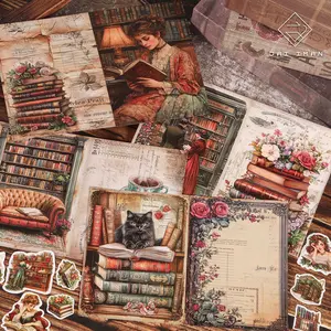 JAIIMAN 62pieces (12 A5 papers and 50stickers)Vintage Library Junk Journal Pages with Cat, Old Book, Flower, for Scrapbooking Supplies, Artwork, Notebook Covers, Collage Decoration, DIY Crafts, Crafts Kit