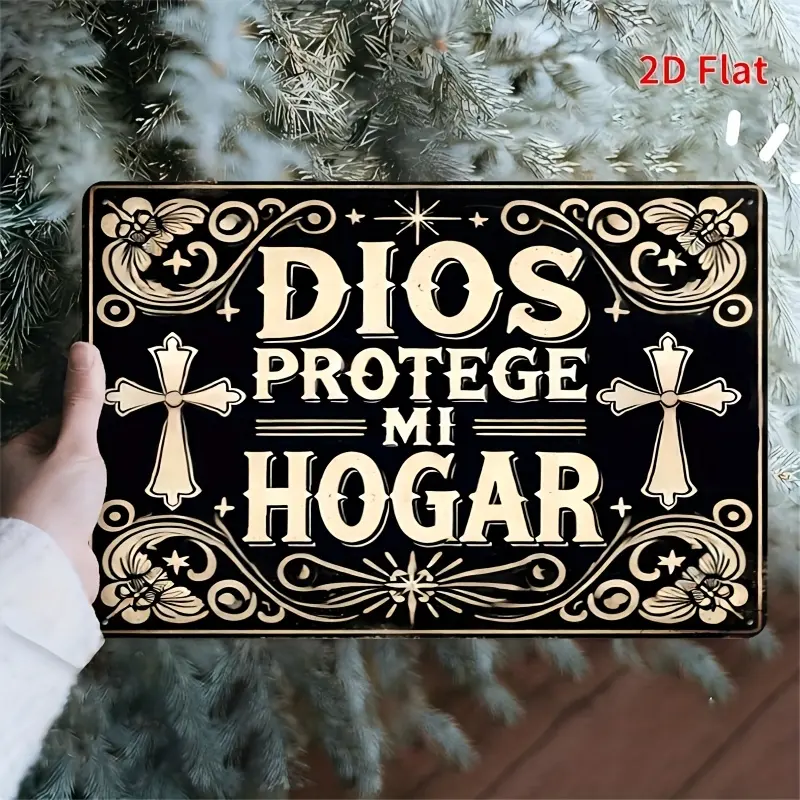 2D Flat, Vintage-Style 2D Flat Rectangular Iron Wall Art Sign - "DIOS PROTEGE MI HOGAR" Religious Spanish Decor, 8x12 Inch, Perfect for Living Room, Bedroom, Corridor, Porch, Garage, or Garden, Garden Wall Art |   Vintage Wall Decor |   Iron Wall Art, Wal