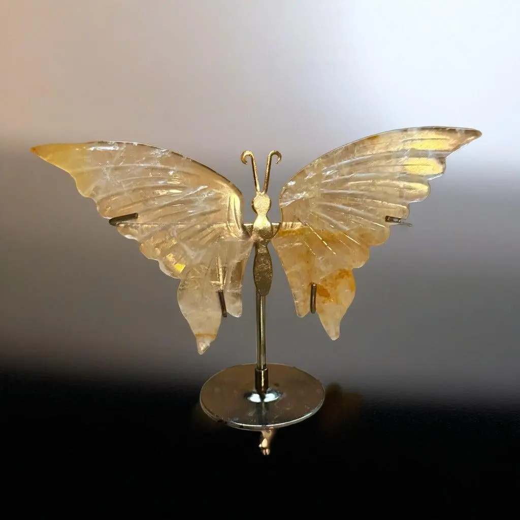 Carved Honey Calcite Butterfly Sculpture — Handcrafted Wings (Metal Stand)
