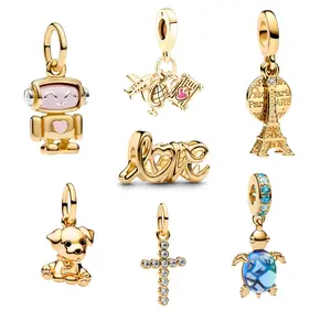 Charms 925 Sterling Silver Gold Plated Travel & Animal – Dog, Turtle, Paris Tower & Bracelet Beads