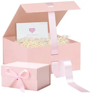 2pcs Pink Gift Box with Lids,  In Magnetic Closure Collapsible Gift Boxes for wraps gifts of T-Shirts, Gloves, Scarves, Candy, Baby Clothes, Jewelry, Books, Comes with a Ribbon