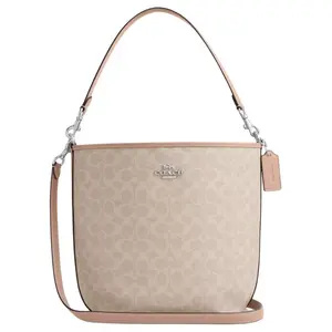 COACH City Bucket 34 Large Tote with Detachable Strap and Snap Closure in Coated Canvas and Leather for Women in Sand and Taupe