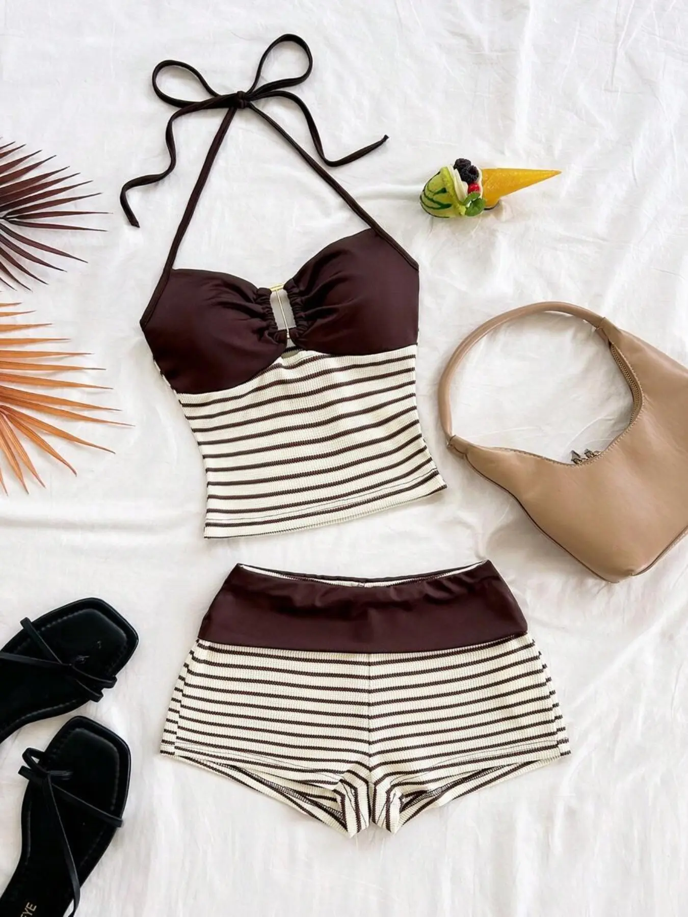 2-Piece Striped Knit Crop Top & Shorts Set, Boho Style, Elegant, Chic, Womenswear, Party Wear, Valentine's Day, Date Night, Beach, Fall Fashion, Knitted Shorts Set
