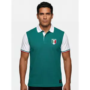 Men's Embroidered Mexico Flag Crest Polo Shirt, Smooth Cotton Short Sleeve Menswear