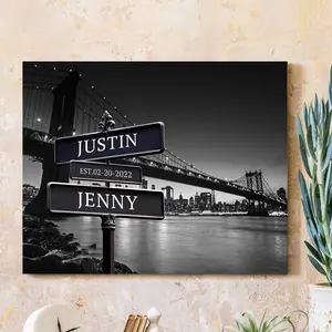 Couple's Name and Date on Street Sign,Manhattan Bridge At Night personalized Canvas Prints/Floater Frame Love Gift for Anniversary,Wedding,Birthday and Holidays