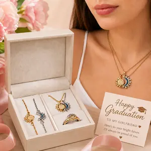 Stackable Sun and Moon Matching Jewelry Set Celestial Couple Necklace Bracelet Adjustable Ring Trendy Statement Accessories for Women Graduation Gift for Girlfriend
