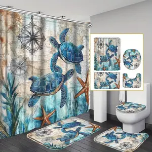 Vintage Nautical Map Shower Curtain Set with Rugs, Teal Blue Sea Turtle & Starfish Marine Life Bathroom Decor, 4 Piece Waterproof Bath Set, 72x72 Inch