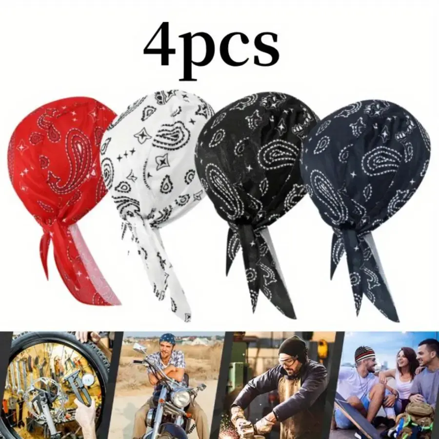 4 Pack Do Rags for Men, Breathable Sweat Wicking Skull Caps, Lightweight Helmet Liner Head Wrap Bandanas for Motorcycle Riding, Cycling, Running, Gym Workouts, Outdoor Sports & Daily Wear