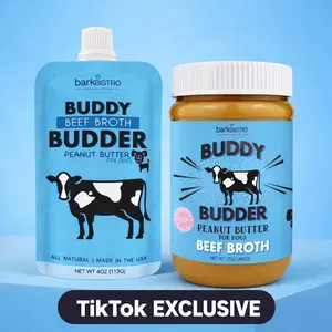 2pk Beef Broth Budder Peanut Butter for Dogs - 17oz + 4oz Squeeze Pouch -  Unsalted Beef Broth Treat, All Natural with No Added Sugar or Salt, Freezing Optional Protein dog  food  meals