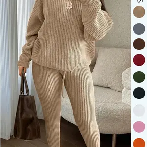 Women's Solid Drop Shoulder Long Sleeve Sweater & Drawstring Waist Pants Set, Casual Fashion Cozy Knitwear for Daily Outdoor Wear, Ladies Fall & Winter Clothes, Women's 2 Pcs Sweater Set, 2 Pieces Knit Set for Women, Fall/Winter Outfits, Casual Loungewear