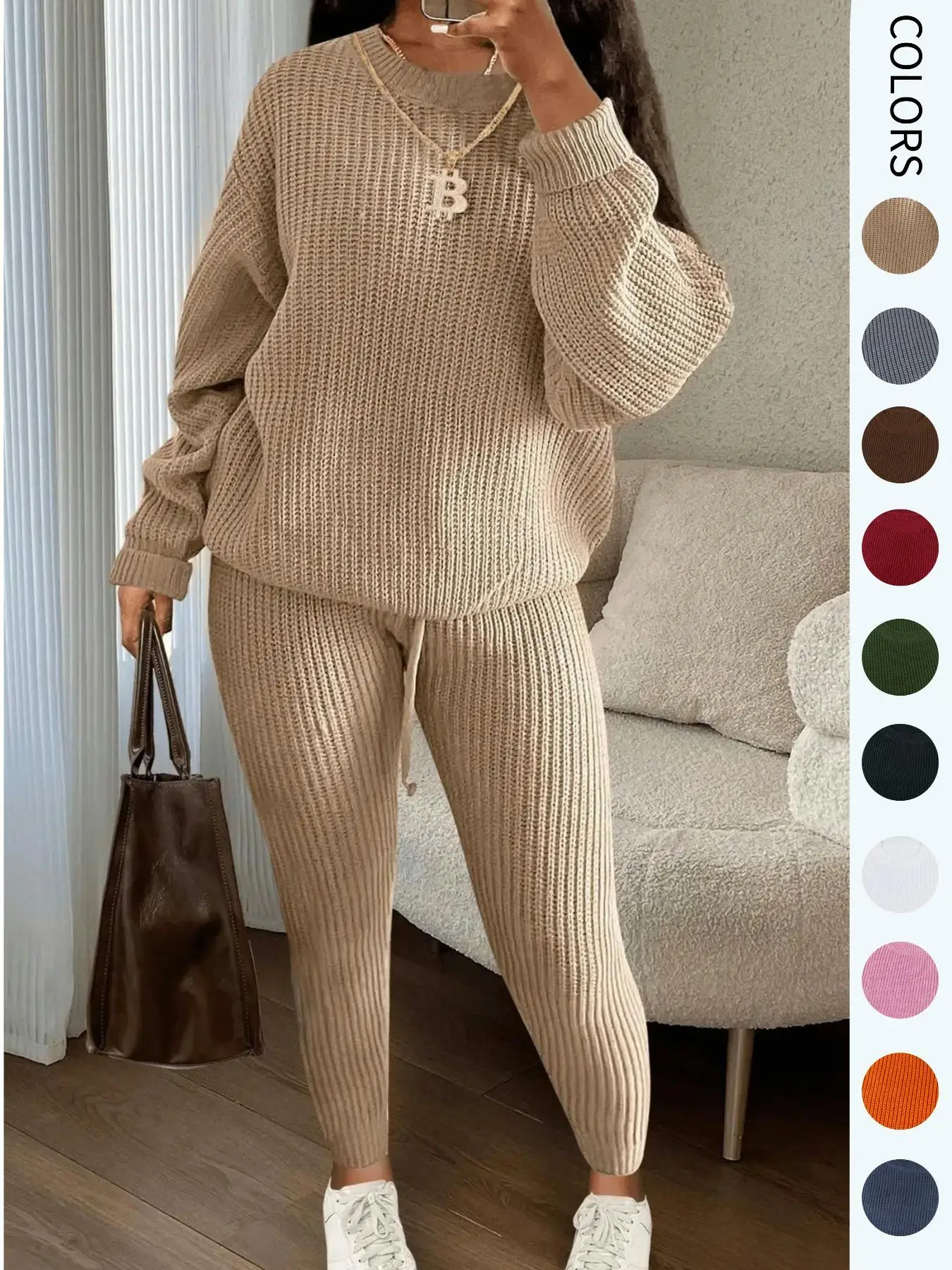 Women's Solid Drop Shoulder Long Sleeve Sweater & Drawstring Waist Pants Set, Casual Fashion Cozy Knitwear for Daily Outdoor Wear, Ladies Fall & Winte