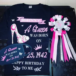 Custom birthday shirt, pin, and face mask