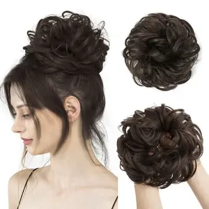 Large Messy Bun Hair Piece Wavy Curly Scrunchies Synthetic Chignon Ponytail Hair Extensions Thick Updo Hairpieces for Women Dark Brown