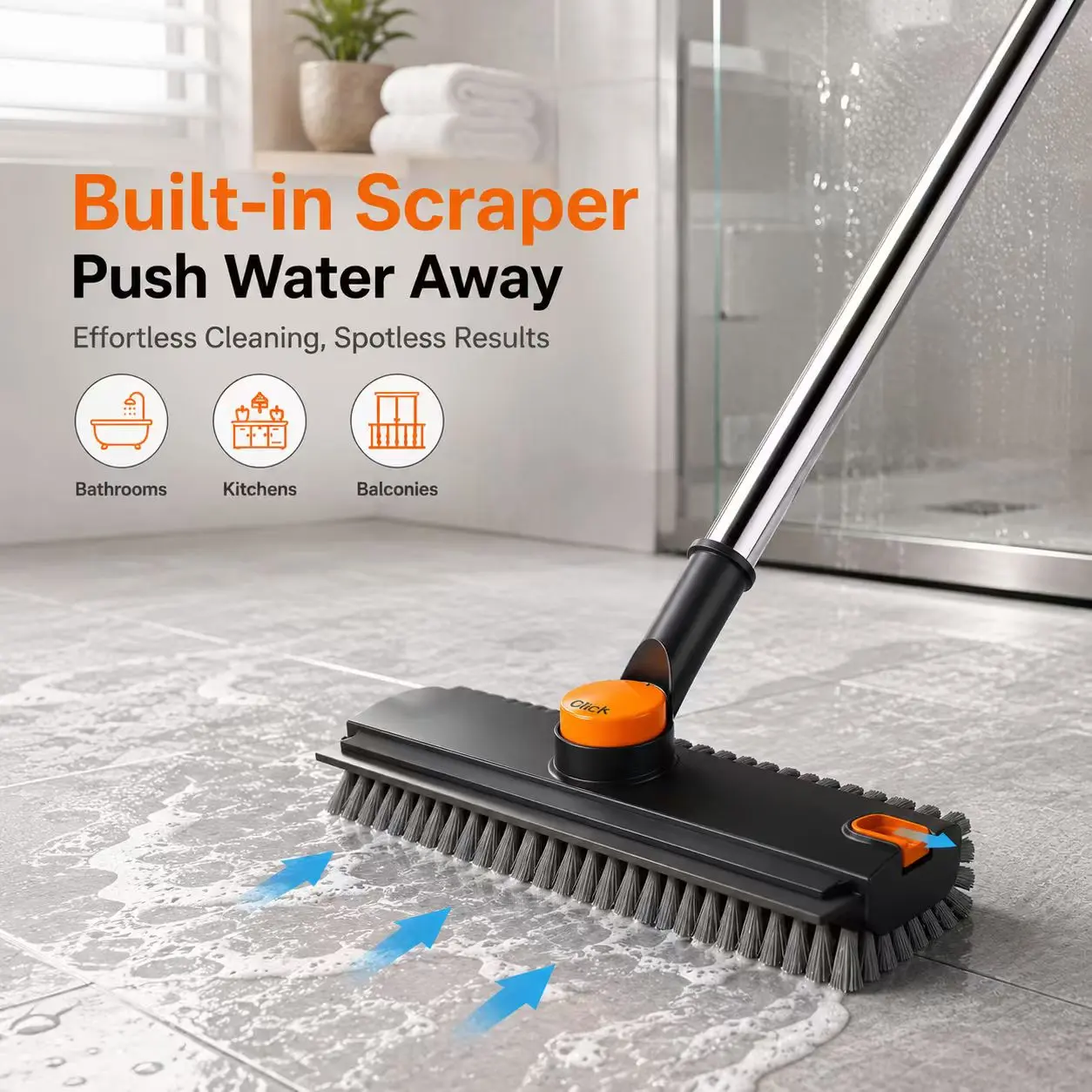 3-in-1 Stainless Steel Detachable Pole Scraper Broom with 52-inch Long Handle, Non-Slip Ergonomic Stiff Bristles, Tweezers Tip - Indoor/Outdoor Multi-Surface Deep Cleaner for Bathroom, Garage, Box, Age 12+