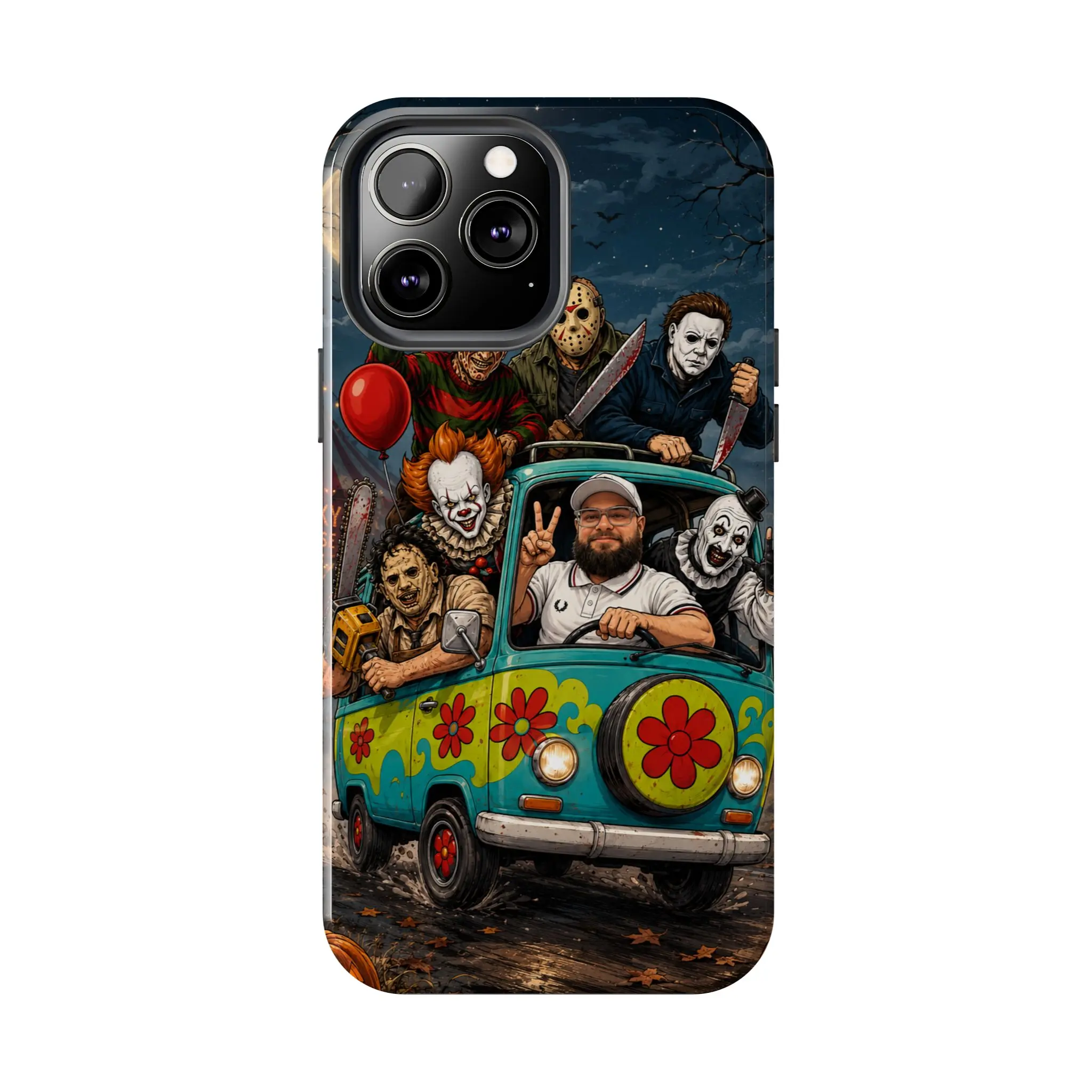 Personalized Custom Face Horror Dual Layer Phone Case - Add Your Photo to Funny Slasher Van Graphic Cover, Custom Halloween Horror Fan Cell Protector for iPhone 17/16/15/14/13/12/11 Pro Max/Plus