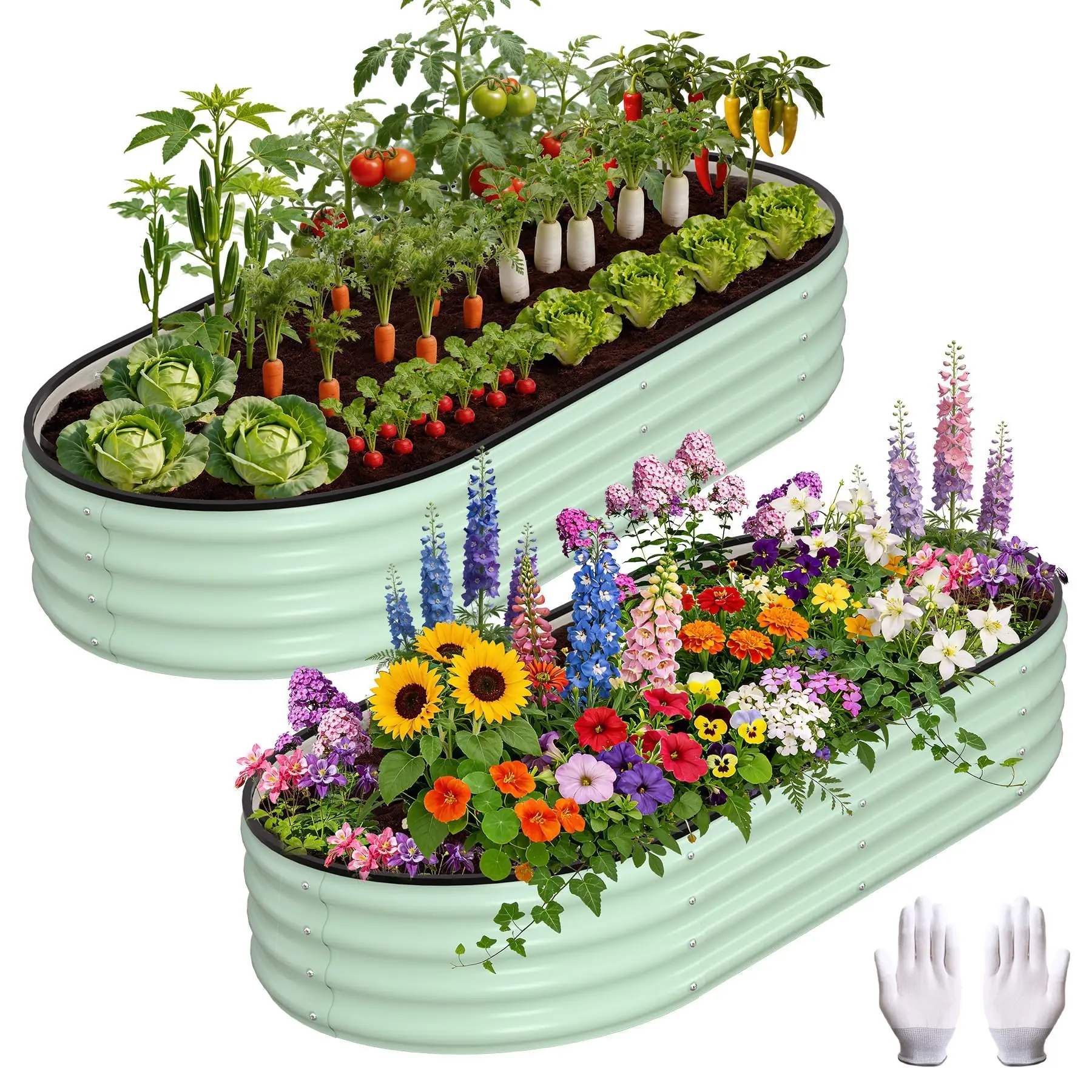 4×2×1FT Oval Raised Garden Beds 2 Pack, Heavy Duty Galvanized Metal Planter Boxes for Outdoor Gardening