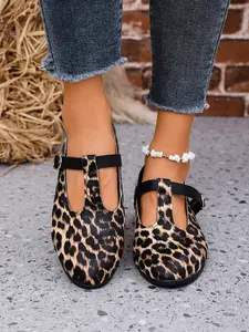 Leopard Print Mary Jane Wedge Shoes, Vintage Style, Buckle Anti-Slip Soft Sole, Wide Fit, Casual Daily Wear, Women's Comfortable Shoes, Walking Shoes, Womens Shoes