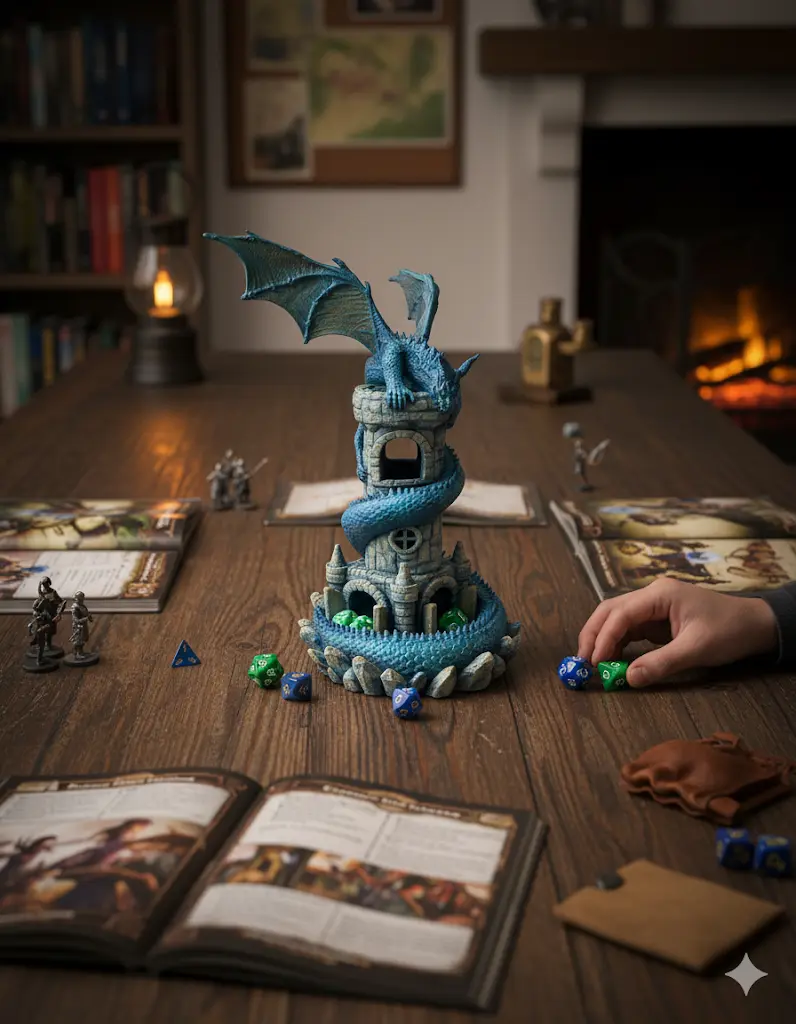 Dragon’s Keep Dice Tower – Safe Materials, Hand Painted Fantasy Design for DND, Fantasy & Sci-Fi Tabletop RPGs, Dragon Fans, Game Room, 12+ Years, Adults, PVC-Free, BPA-Free Smooth-Rolling Dice Accessory