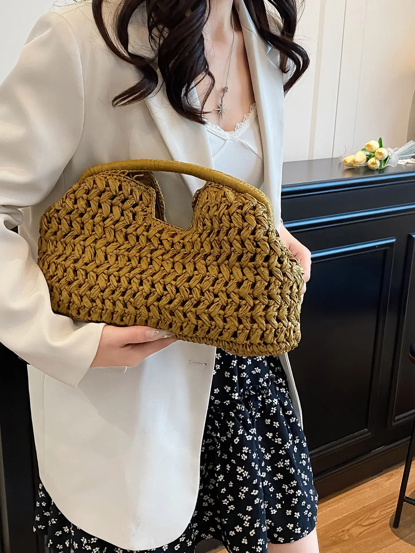 Chocolate and Ginger Handmade Paper Straw Bag, Fashionable Hobo Crossbody Bag, Soft Material, Minimalist Design, Ideal Gift, Crescent Hobo Handbag, Half Moon Purse