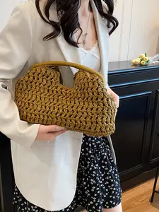 Chocolate and Ginger Handmade Paper Straw Bag, Fashionable Hobo Crossbody Bag, Soft Material, Minimalist Design, Ideal Gift, Crescent Hobo Handbag