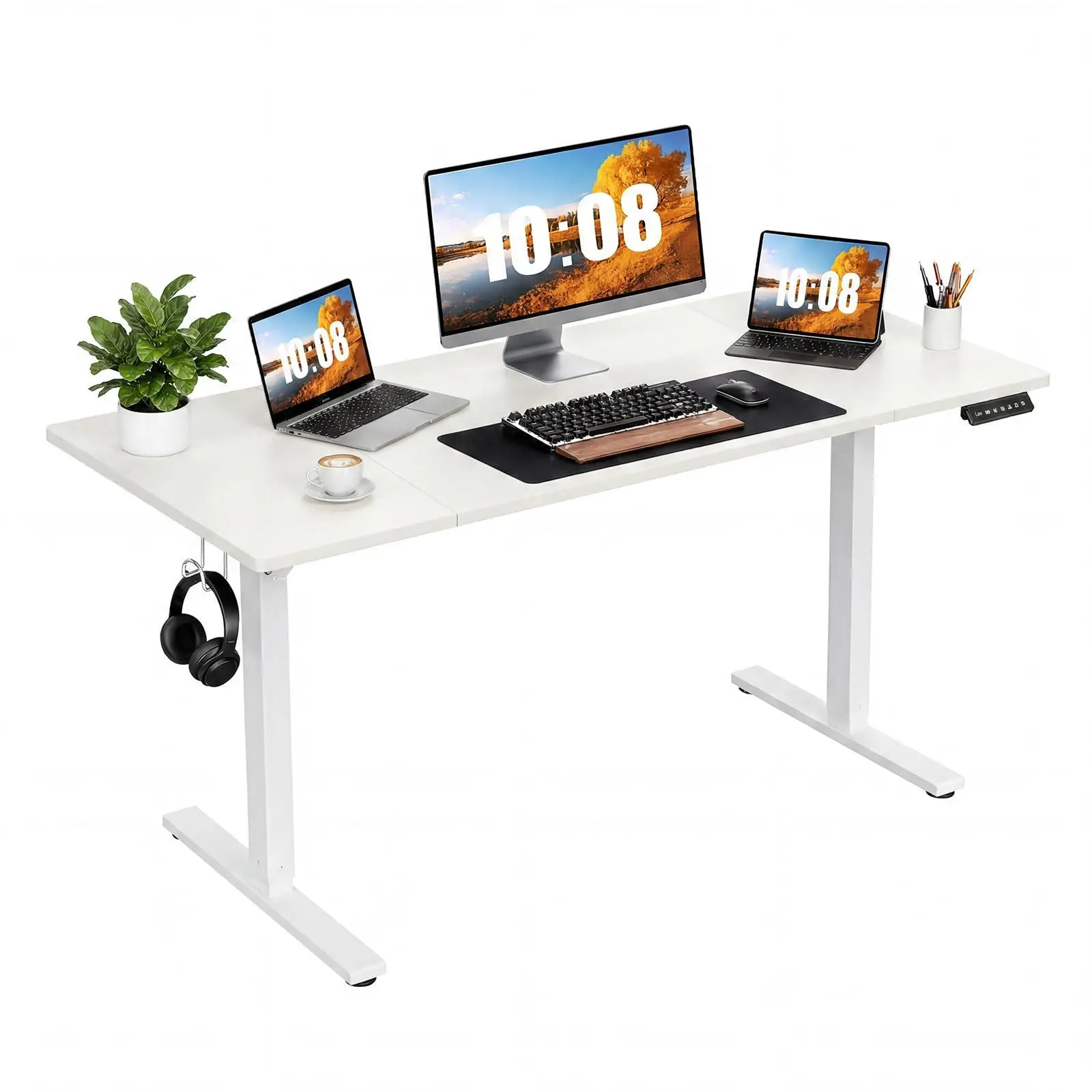 GARVEE Electric Standing Desk, 55"x 28" Large Height Adjustable Computer Desk, Sit Stand Home Office Desk with Splice Board and 2 Hooks, 3 Preset Heights, for Home Office(White)