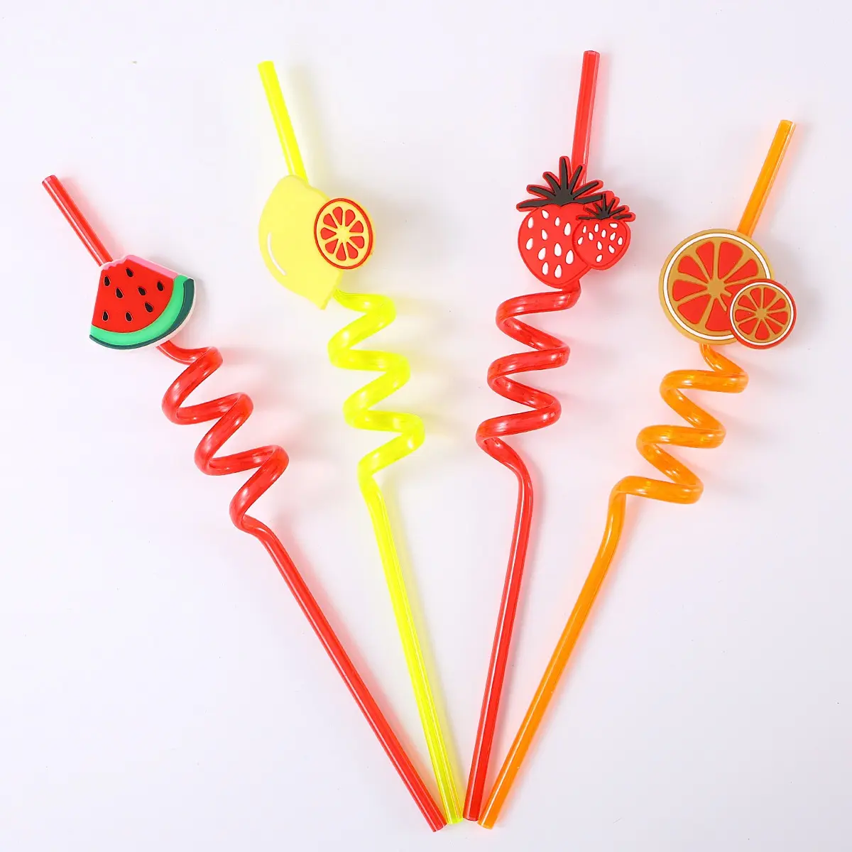 Reusable Dinosaur Design Spiral Party Straws for Children, 4-Pack Food-Grade PP Curved Straws with Cute Fruit Toppers, Decorative for Birthdays & Party Fun, Family Daily Use (Ages 3+)