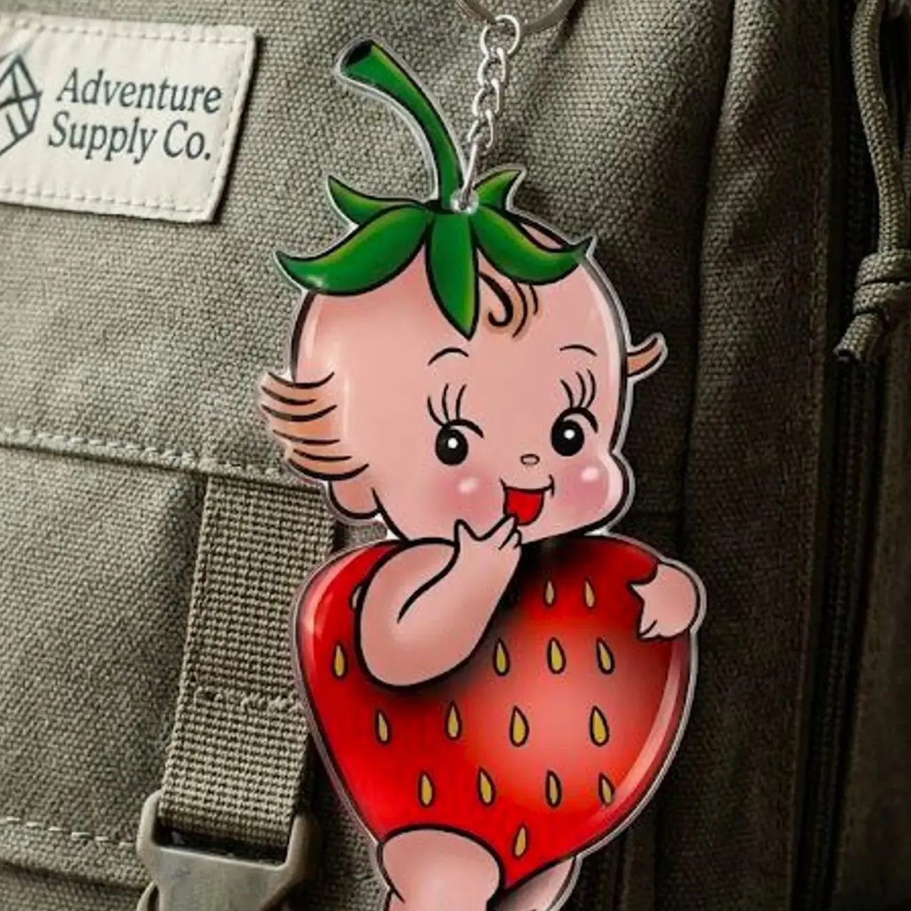 Strawberry Kewpie Acrylic Keychain, Retro Kitsch Bag Charm, Kawaii Berry Accessory
