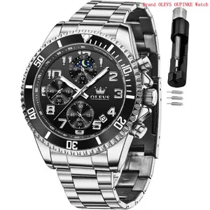Brand OLEVS Mens Watches Chronograph Luxury Dress Moon Phase Two Tone Stainless Steel Waterproof Luminous Business Calendar Wrist Watch