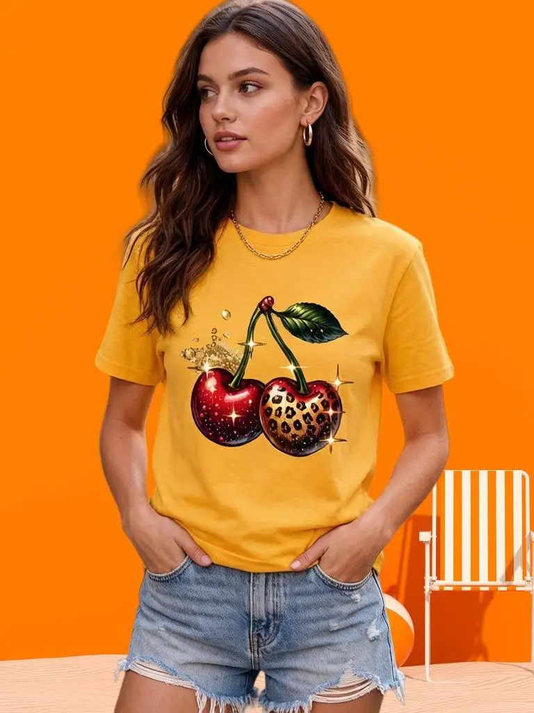Women's Plus Size Fitted Cut Cotton Cropped T-Shirt - Cap Sleeve, Crew Neck, Glitter Leopard Graphic, Cherry Graphic, Shiny Rhinestone Star, Style, Pull On, Casual Summer Streetwear Top, Valentine's Day, Machine Wash