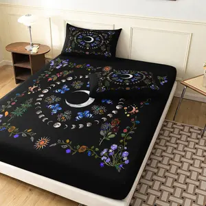 3pcs Bohemian Moon Phase Mandala Fitted Sheet Set, Star Sun Floral Fitted Sheet Set, Home Dormitory (1 Fitted Sheet+2 pillowcases,No Pillow)